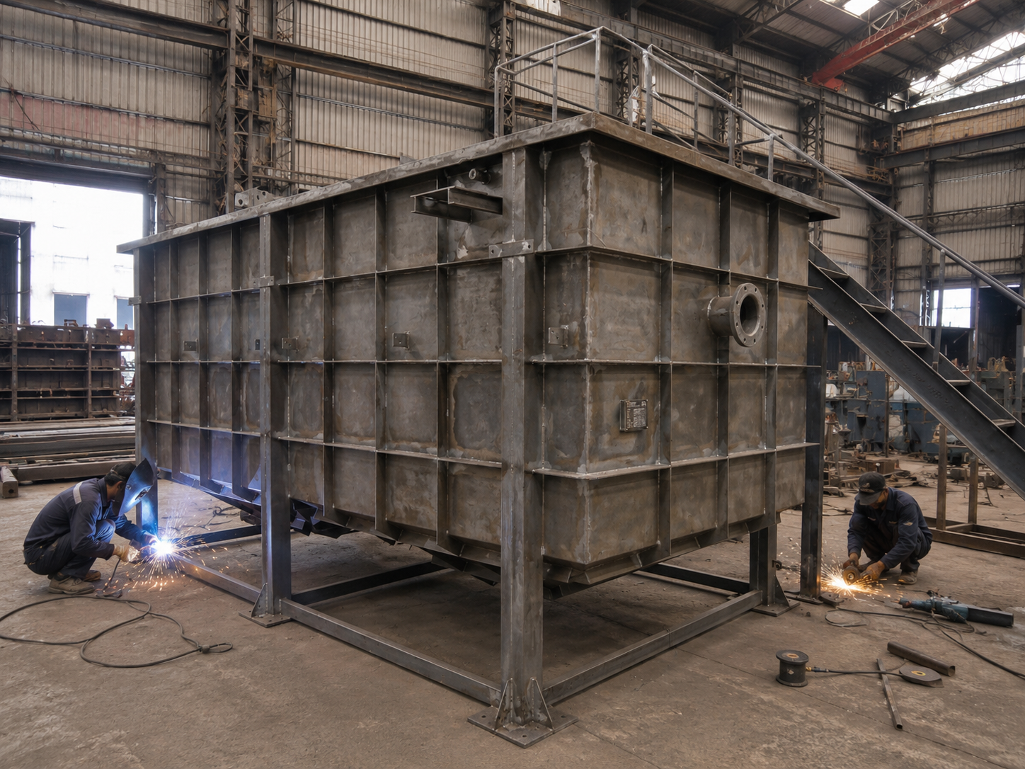K-Pack fabrication shop with welders building stainless steel treatment tanks